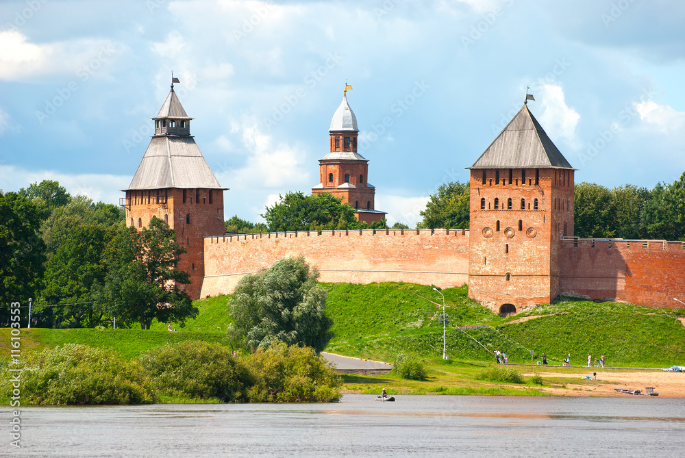 Russia. Walls, towers of the Veliky Novgorod Kremlin and Volkhov River