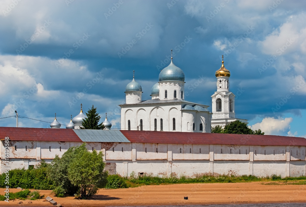 Veliky Novgorod. Russia. The St. George's (Yuriev) Monastery on the bank of The Volkhov River. Orthodox Yuriev male monastery is one of the oldest monastery in Russia.