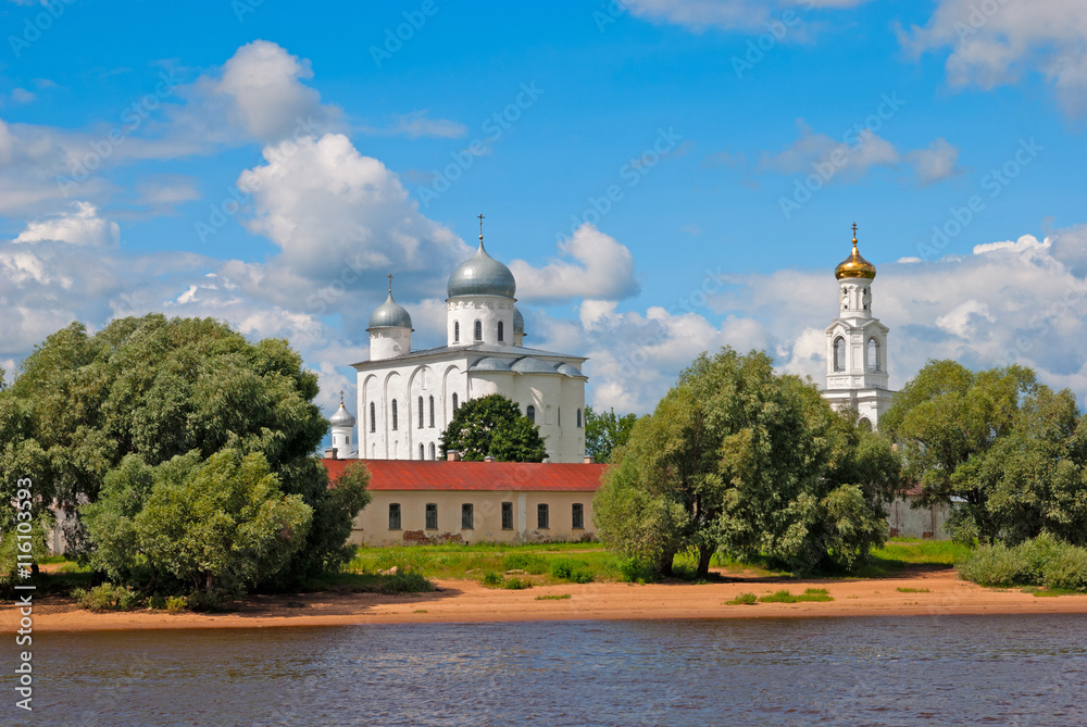 Veliky Novgorod. Russia. The St. George's (Yuriev) Monastery on the bank of The Volkhov River. Orthodox Yuriev male monastery is one of the oldest monastery in Russia.