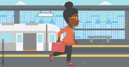 Woman at the train station vector illustration.