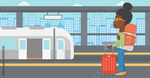 Woman at the train station vector illustration.