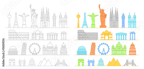 Famous buildings silhouettes collection. Lineart illustration
