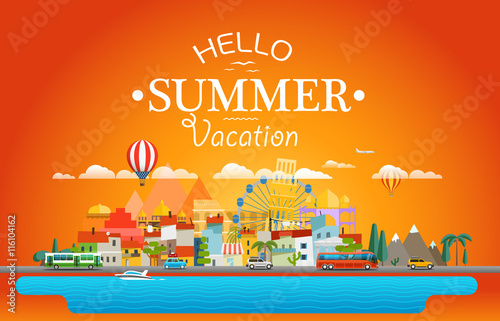 Hello summer vacation concept. Cityscape Vector illustration