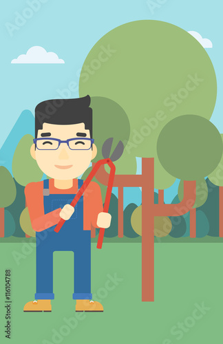 Farmer with pruner in garden vector illustration.