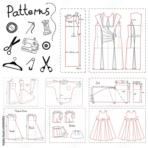 Big set of patterns of women clothes and elements of sewing.