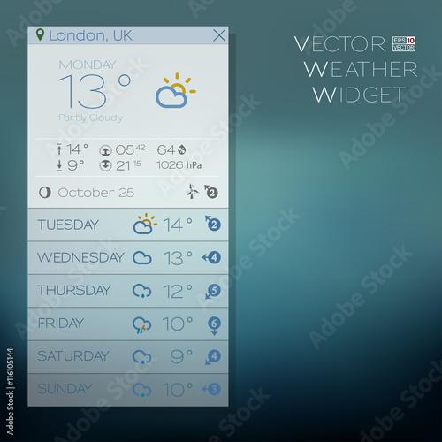 Vector Forecast Widget, very light blue tones. Vertical week information. Full icon set available in my portfolio. eps 10. Application for mobile phones, pads, desktop computers etc