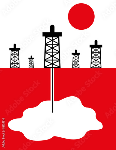 Oil rigs and drills in a red landscape under a red sun extend deep underground to an empty space with room for your text