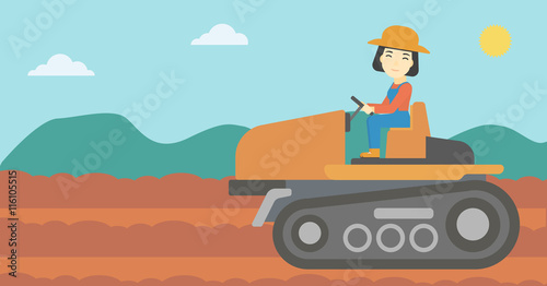 Female farmer driving tractor vector illustration.