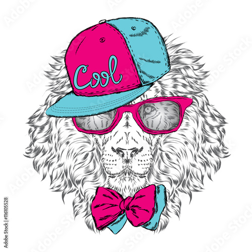 Fototapeta Naklejka Na Ścianę i Meble -  Hipster. Poster . Print . Greeting card with animals. Lion in cap and glasses.
