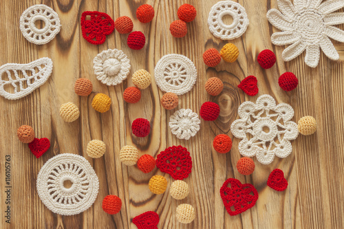 Fototapeta Naklejka Na Ścianę i Meble -  Handmade white crochet pattern, knitting, sewing. Christmas, yuletide, Valentine's day
