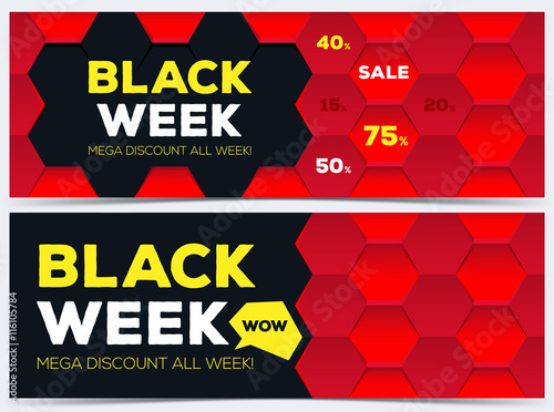 Black week sale. Black week banner. Sale banner. Sale. Mega discount banners. New offer. Vector illustration.