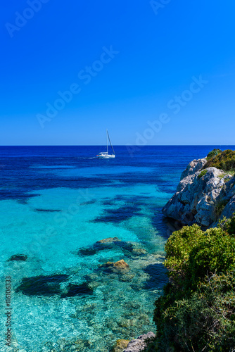 Sailing boat at cala Ratjada, Mallorca - beautiful beach and coast