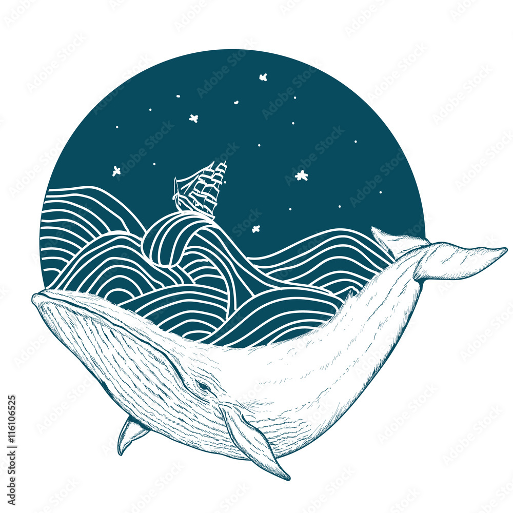 Naklejka premium Whale under water tattoo art whale in the sea graphic style