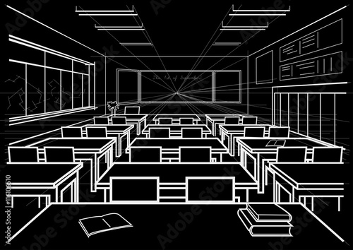 linear architectural sketch interior school classroom on black background