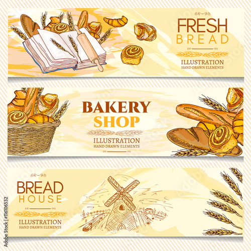 Bakery banner, fresh bread, bakery shop, bakery basket