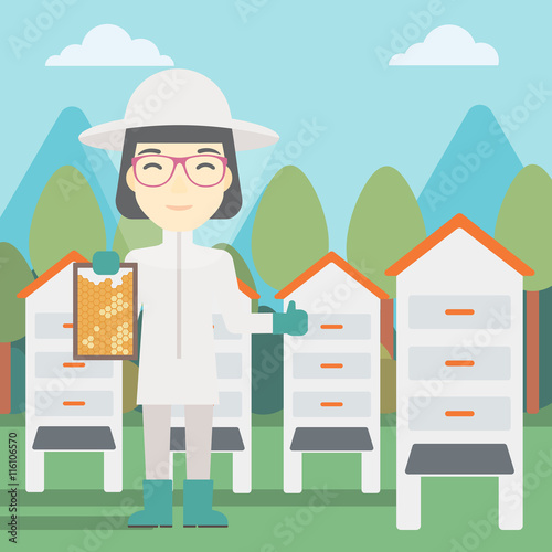Female bee-keeper at apiary vector illustration.
