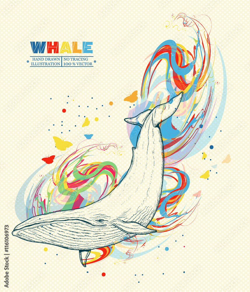 Naklejka premium Whale dives into the water whale art hand drawn vector