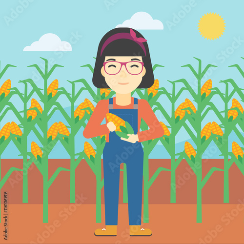 Female farmer holding corn vector illustration.