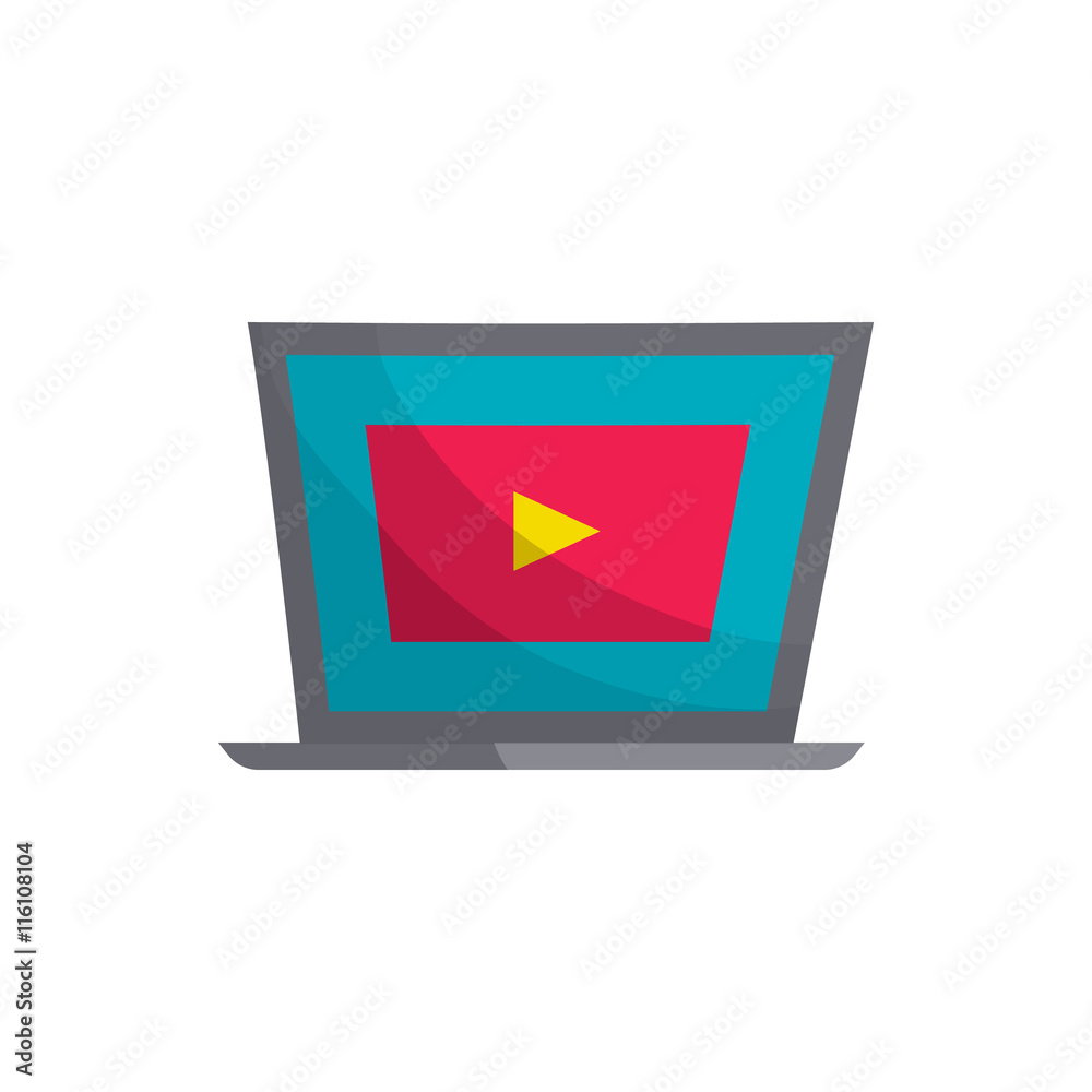Laptop with player icon in cartoon style isolated on white background. Tehnique symbol Laptop with player icon in cartoon style isolated on white background. Tehnique symbol