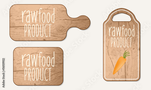 Wooden breadboard with the words raw food product