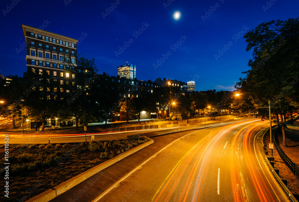 Long exposure of traffic along Storrow Drive at night, in Beacon