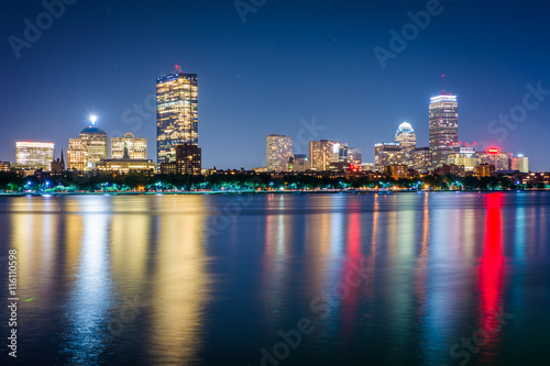 The Charles River and buildings in Bay Back at night  seen from