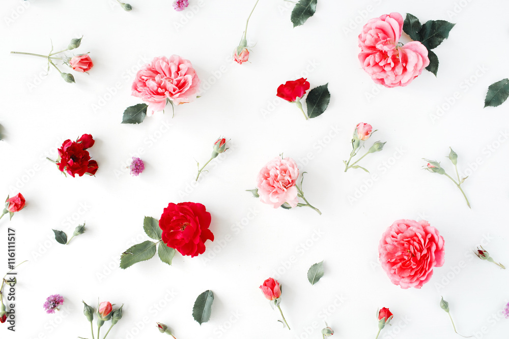 Fototapeta premium Roses and green leaves on white background. Flat lay, top view