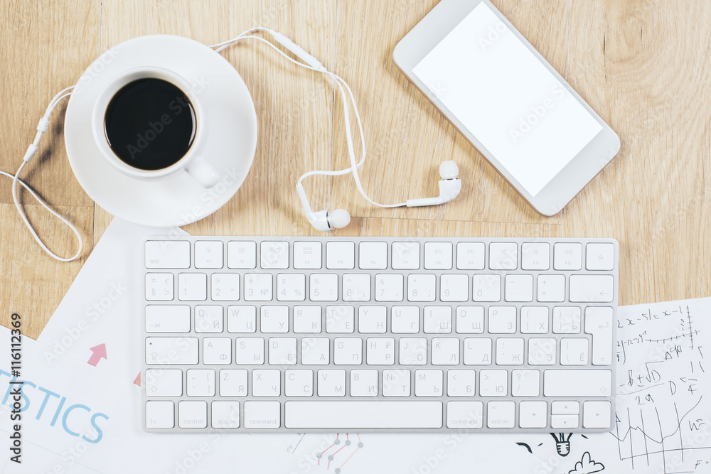 Coffee, phone and business report Coffee, phone and business report