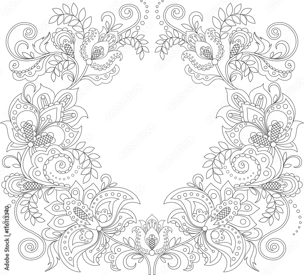 Floral frame. Floral decorative pattern. Ornament background. Adult antistress coloring page. Black and white hand drawn doodle for coloring book