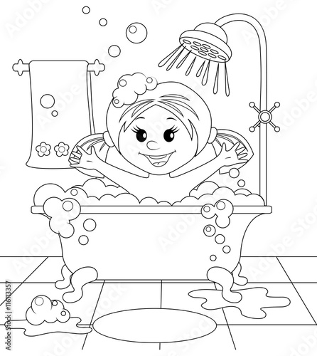 Girl in the bathroom. Black and white vector illustration for coloring book