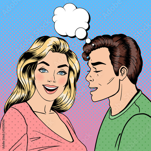 Man Whispering Secret to his Girlfriend. Happy Couple. Pop Art. Vector illustration