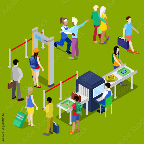 Airport Security Checkpoint with a Queue of Isometric People with Baggage. Vector illustration