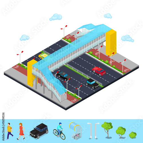 Isometric City. City Road with Pedestrian Bridge and Bicycle Path. Vector illustration