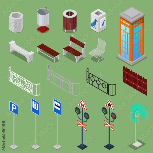 Isometric City Urban Elements with Benches, Fences, Road Signs, Telephone Box and Trashcans. Vector illustration