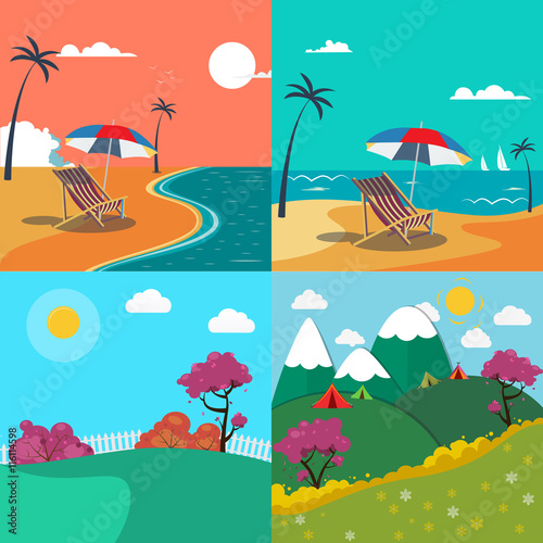 Summer Landscapes Set. Seascape with Palm Trees. Mountain Landscape. Vector Background