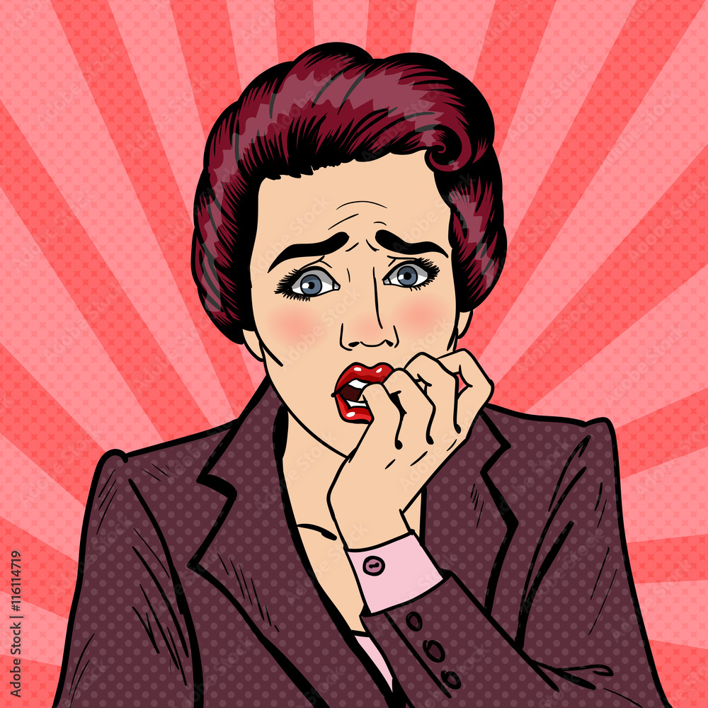 Nervous Business Woman Biting Her Fingers. Pop Art. Vector illustration