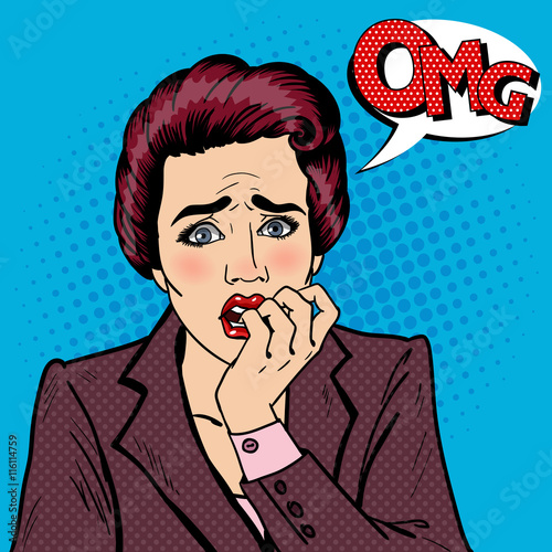 Nervous Business Woman Biting Her Fingers. Pop Art. Vector illustration