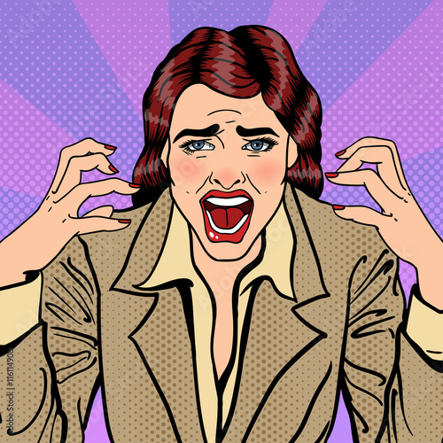 Frustrated Stressed Business Woman Screaming. Pop Art. Vector illustration
