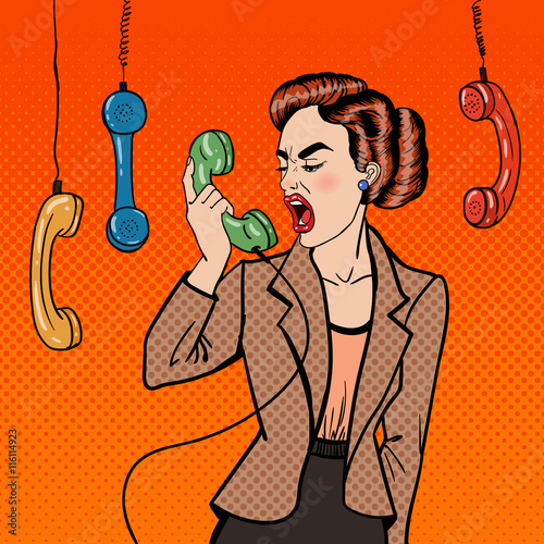 Aggressive Business Woman Screaming into the Phone. Pop Art. Vector illustration