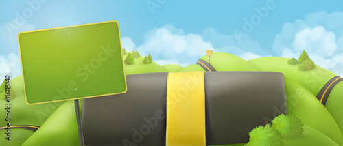 Road and sign, 3d cartoon nature landscape, vector background, countryside panorama.