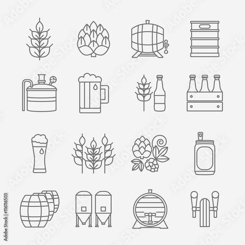 Beer and brewery line icons set