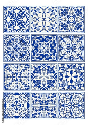 Set of vintage ceramic tiles in azulejo design with blue patterns on white background, traditional Spain and Portugal pottery