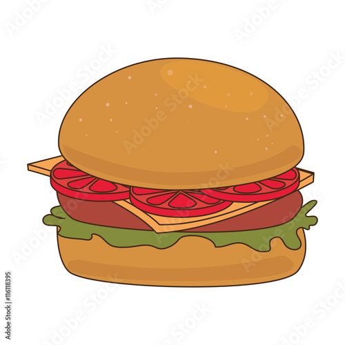 Delicious hamburger fast food isolated flat icon, vector illustration.