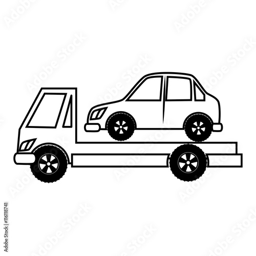 truck towing car black and white colors isolated flat icon