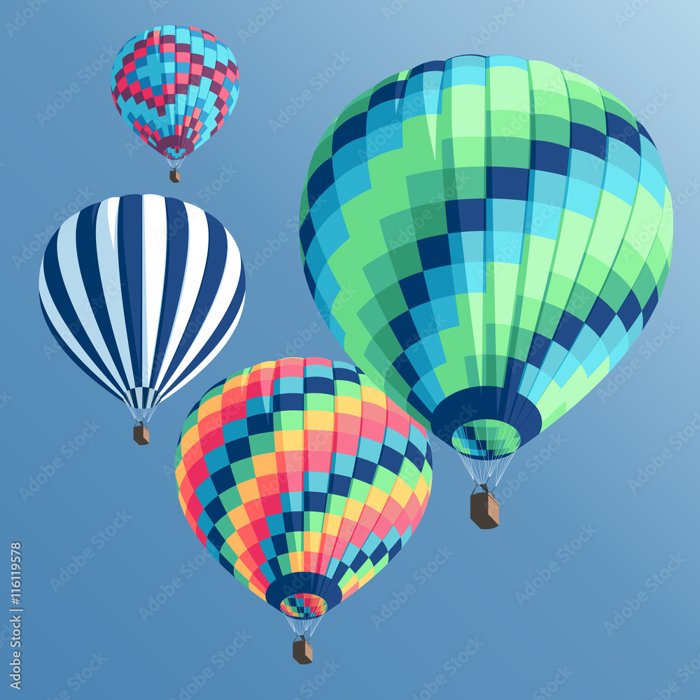 Fototapeta premium Set of colorful hot air balloons on a blue background view from below