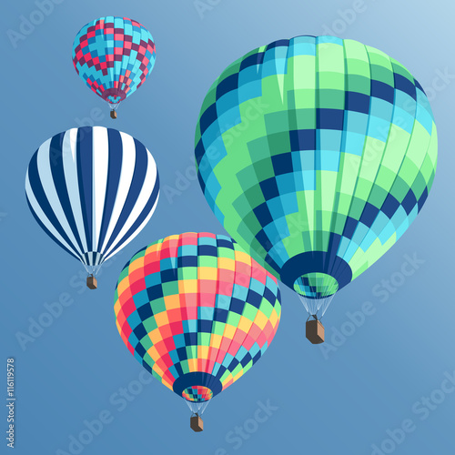 Set of colorful hot air balloons on a blue background view from below