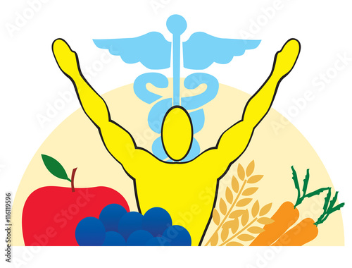 Illustration representing the balance between health, nutrition and medicine that we all need to maintain overall wellbeing.