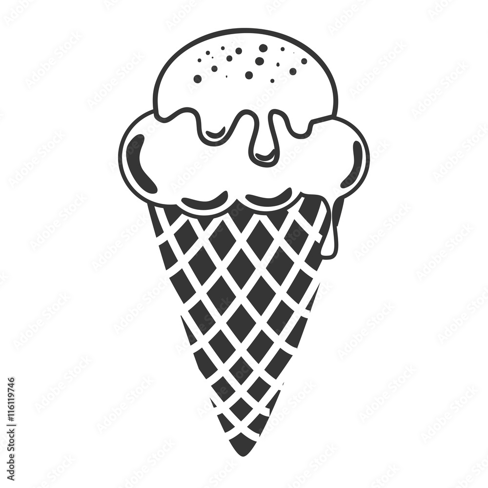 Delicious ice cream cone in black and white colors, isolated flat icon. Delicious ice cream cone in black and white colors, isolated flat icon.