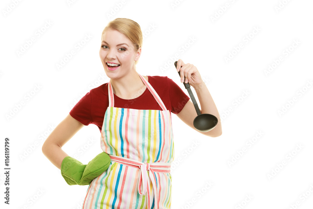 housewife or cook chef in kitchen apron with ladle housewife or cook chef in kitchen apron with ladle