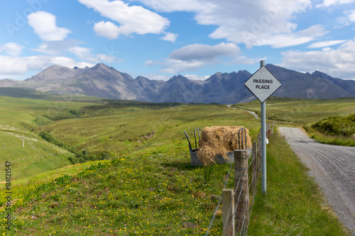 Passing place sign in Scottish Highlands. Travel/Wanderlust concept